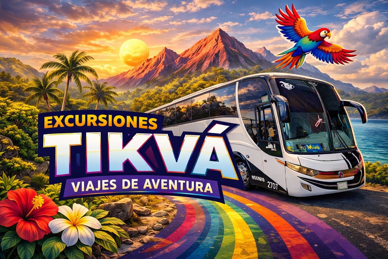 Autobús de Excursiones TIKVÁ en paisaje tropical
